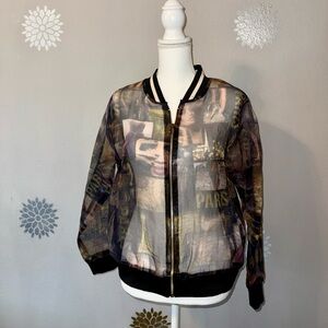 Sheer Paris Print‎ Bomber Jacket Chic Y2K Fashionable Ladies XL Vintage